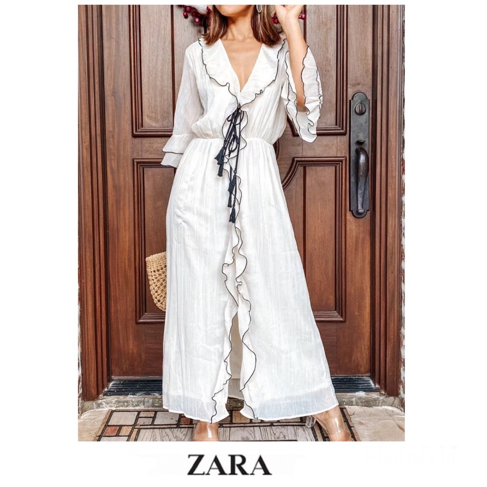 NWT Zara Oyster White Ruffle Black Trim Front Slit Short Sleeves Midi Dress Sz L